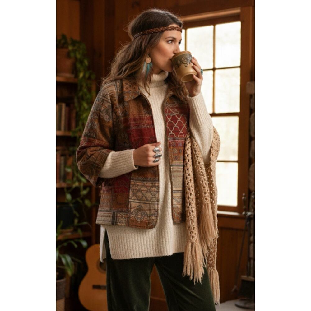 VTG CJ Banks Tapestry Jacket Brown Red Patchwork Zip Front Plus 1X Boho Y2K Fall